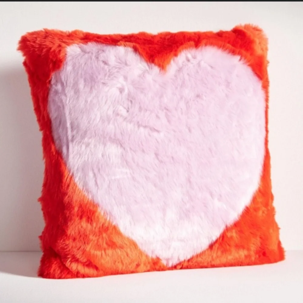 Anthropologie Faux Fur Heart Print Pillow Lilac Red 16 x 16 inches Throw Pillow